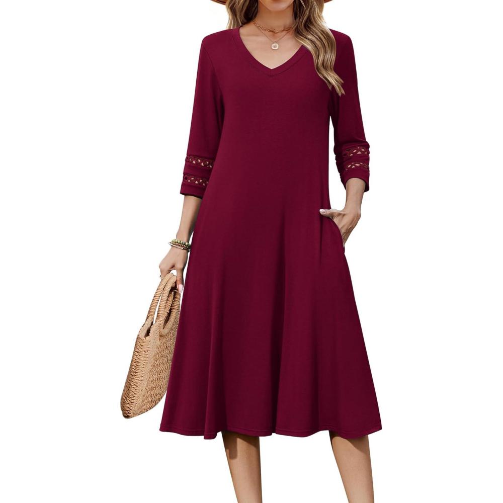 imageZeagoo Women Casual Dress 34 Sleeve Casual Loose Midi DressWine Red