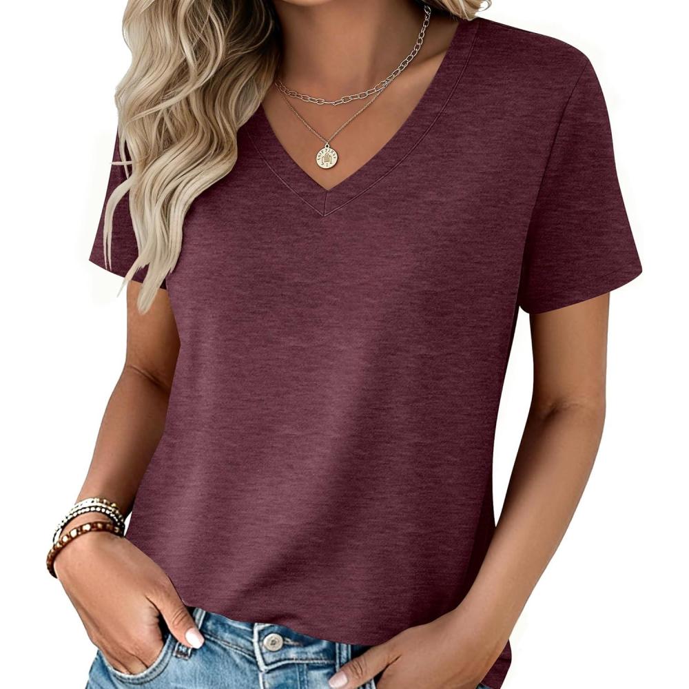 imageZeagoo Womens Tops Summer Casual Short Sleeve Tshirts Business Basic Spring VNeck Shirts Outfits S3XLZdark Red