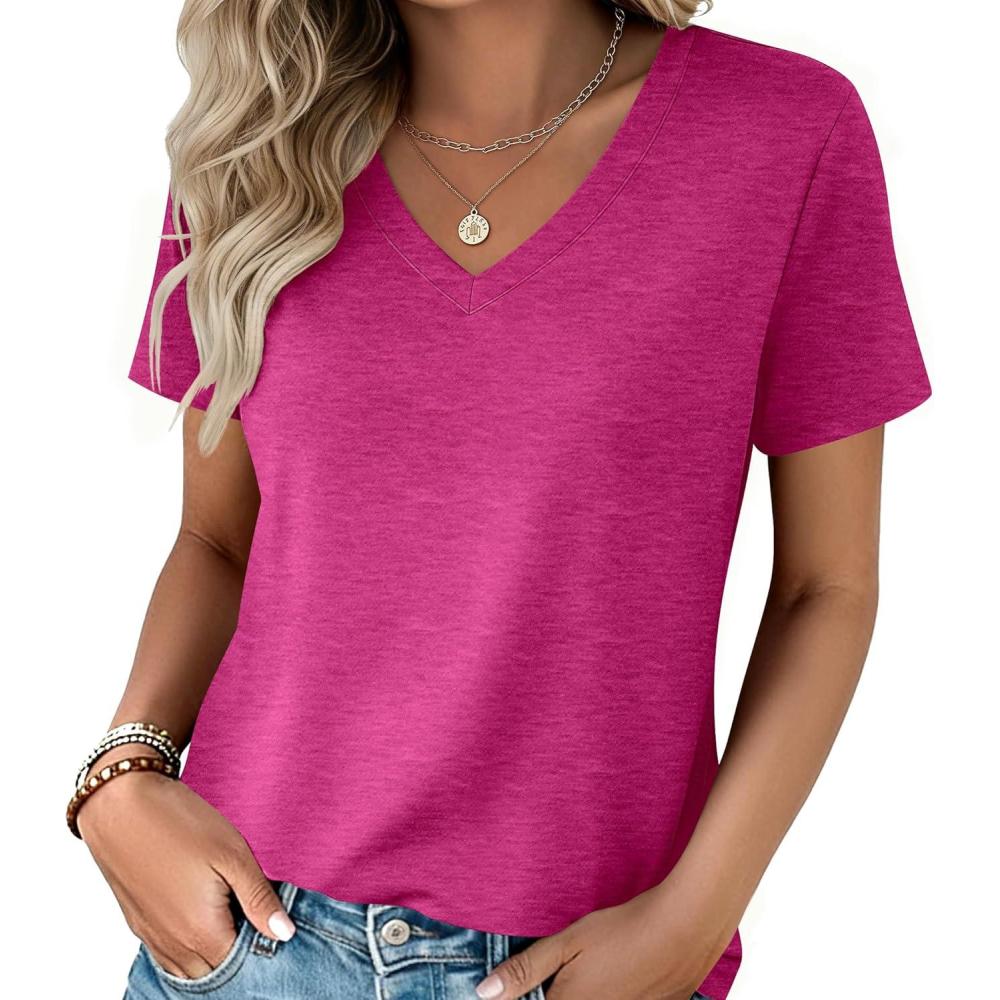 imageZeagoo Womens Tops Summer Casual Short Sleeve Tshirts Business Basic Spring VNeck Shirts Outfits S3XLZrose Red