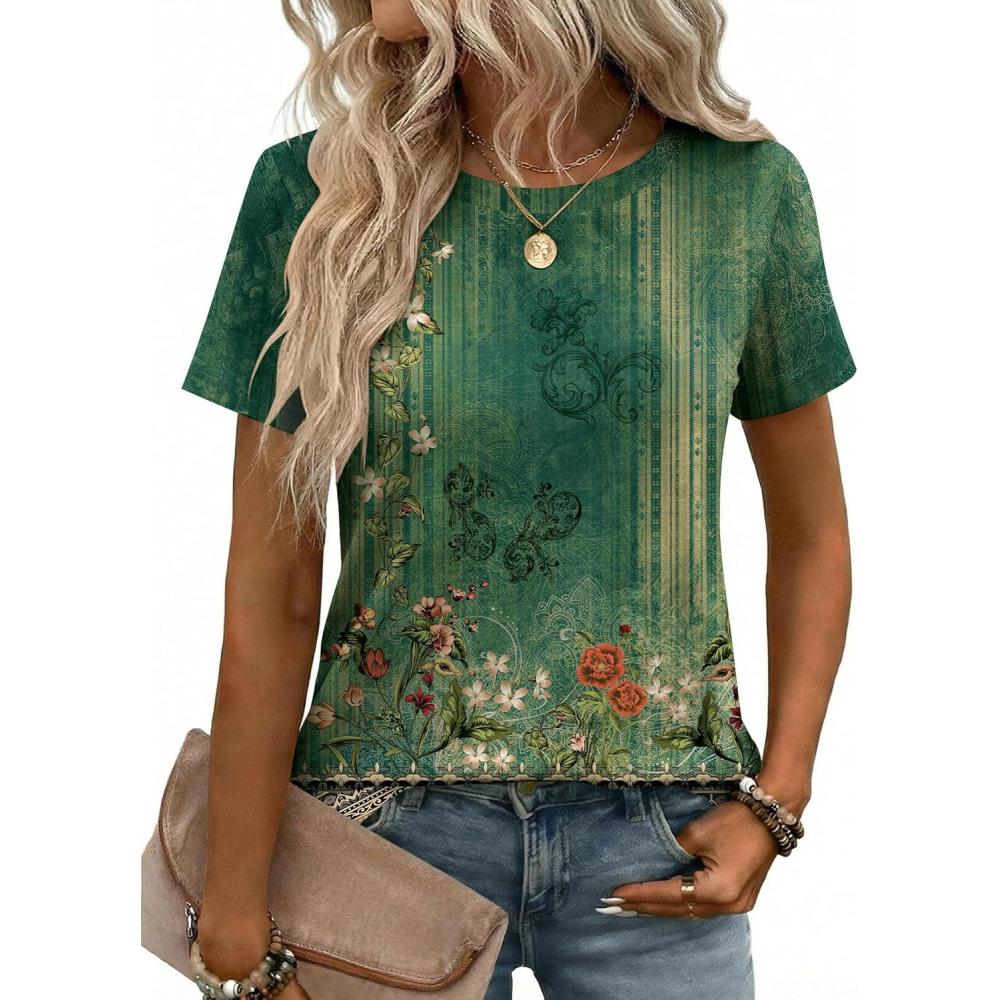 imageZeagoo Womens Tshirt Short Sleeve Summer Tops Crewneck Casual Basic Tee Shirts Spring Clothes Trendy OutfitZ Boho Floral Green 839