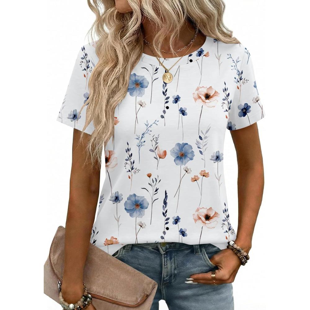 imageZeagoo Womens Tshirt Short Sleeve Summer Tops Crewneck Casual Basic Tee Shirts Spring Clothes Trendy OutfitZ Floral White 290