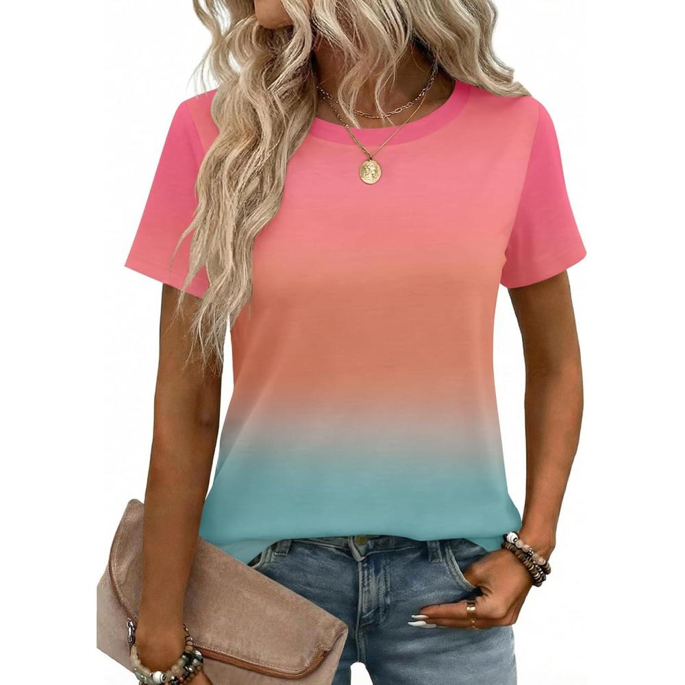 imageZeagoo Womens Tshirt Short Sleeve Summer Tops Crewneck Casual Basic Tee Shirts Spring Clothes Trendy OutfitZ Gradient Blue Pink 218