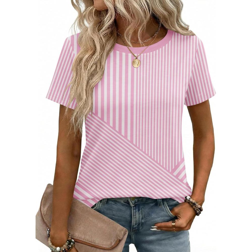 imageZeagoo Womens Tshirt Short Sleeve Summer Tops Crewneck Casual Basic Tee Shirts Spring Clothes Trendy OutfitZ Striped Pink 300