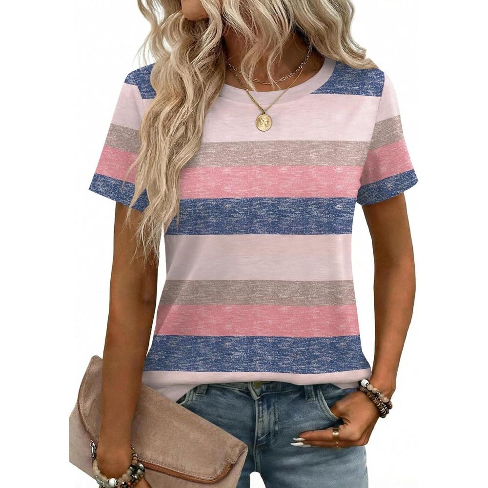 imageZeagoo Womens Tshirt Short Sleeve Summer Tops Crewneck Casual Basic Tee Shirts Spring Clothes Trendy OutfitZ Striped Pink 669