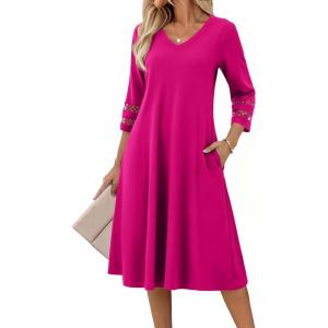 Zeagoo Women Casual Dress 3/4 Sleeve Casual Loose Midi Dress(Rose Red)