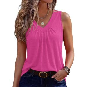 Zeagoo Womens Tank Tops Summer Sleeveless Loose Fit Tops V Neck Pleated Shirts Basic Tees Dressy Casual Trendy Clothes(Rose Red)