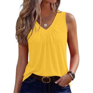 Zeagoo Womens Tank Tops Summer Sleeveless Loose Fit Tops V Neck Pleated Shirts Basic Tees Dressy Casual Trendy Clothes(Yellow)