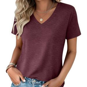 Zeagoo Womens Tops Summer Casual Short Sleeve Tshirts Business Basic Spring V-Neck Shirts Outfits S-3XL(Z-dark Red)