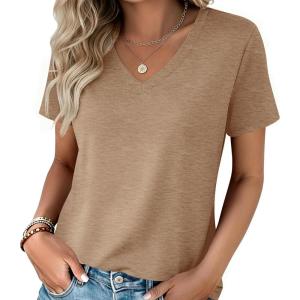 Zeagoo Womens Tops Summer Casual Short Sleeve Tshirts Business Basic Spring V-Neck Shirts Outfits S-3XL(Z-khaki)