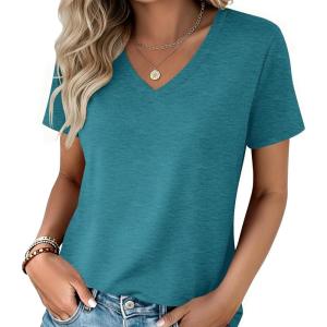 Zeagoo Womens Tops Summer Casual Short Sleeve Tshirts Business Basic Spring V-Neck Shirts Outfits S-3XL(Z-peacock Blue)