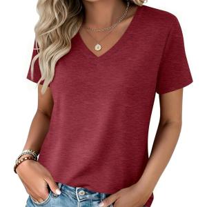 Zeagoo Womens Tops Summer Casual Short Sleeve Tshirts Business Basic Spring V-Neck Shirts Outfits S-3XL(Z-red)