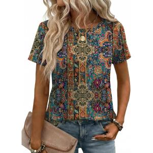 Zeagoo Womens Tshirt Short Sleeve Summer Tops Crewneck Casual Basic Tee Shirts Spring Clothes Trendy Outfit(Z Boho Multicolor 721)