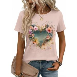 Zeagoo Womens Tshirt Short Sleeve Summer Tops Crewneck Casual Basic Tee Shirts Spring Clothes Trendy Outfit(Z Heart Beige 83)