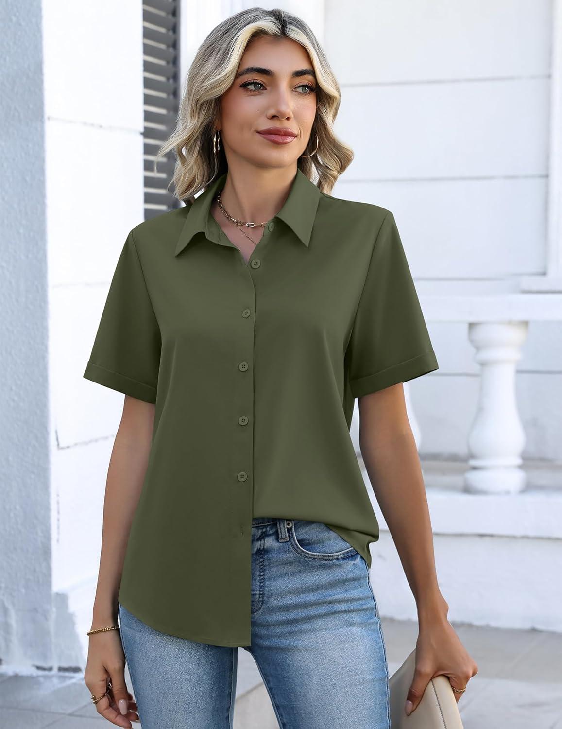 imageZeagoo Button Down Shirts for Women Short Sleeve Collared Tops Dressy Casual V Neck BlousesArmy Green