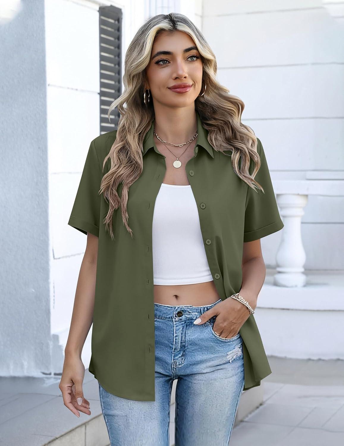 imageZeagoo Button Down Shirts for Women Short Sleeve Collared Tops Dressy Casual V Neck BlousesArmy Green