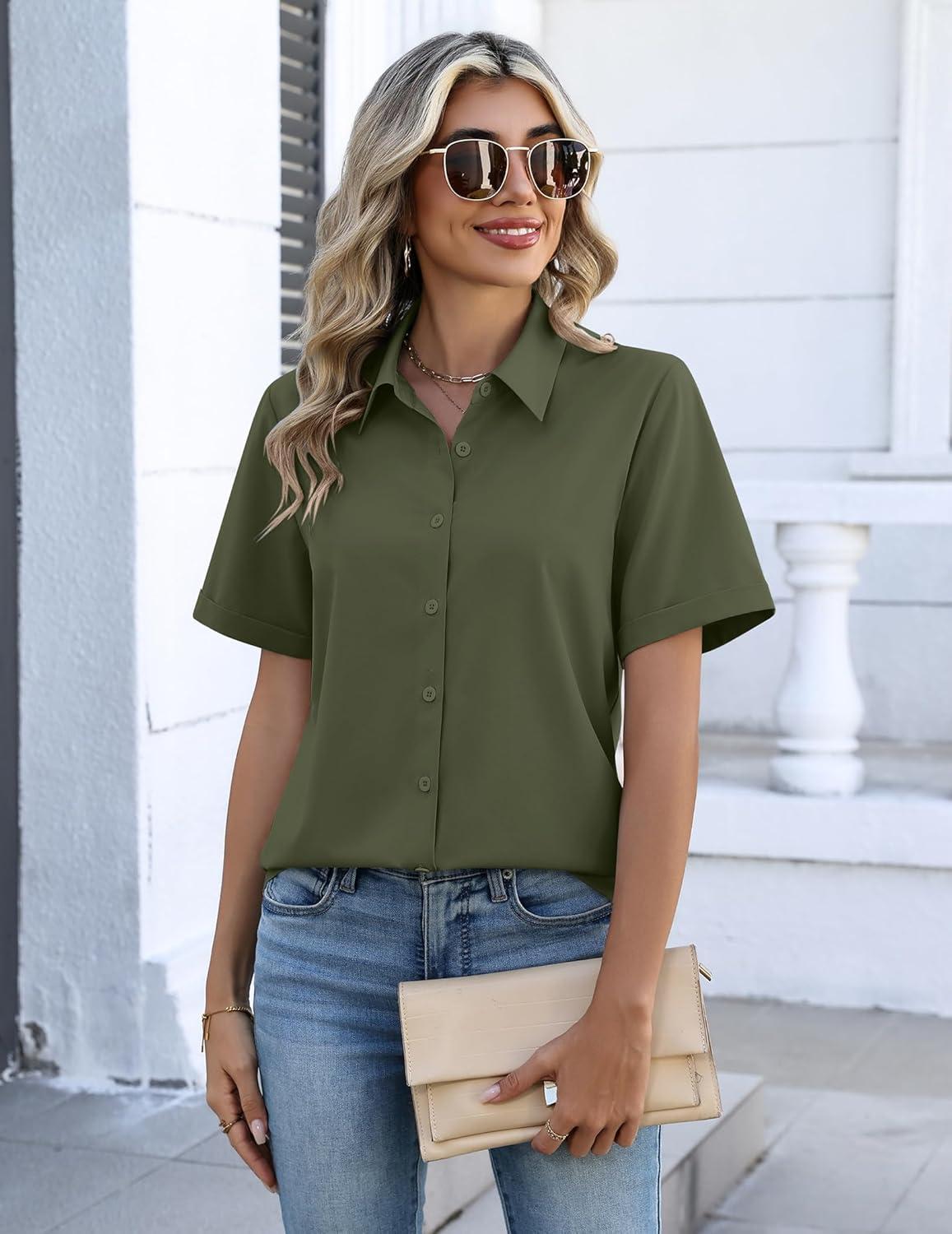 imageZeagoo Button Down Shirts for Women Short Sleeve Collared Tops Dressy Casual V Neck BlousesArmy Green