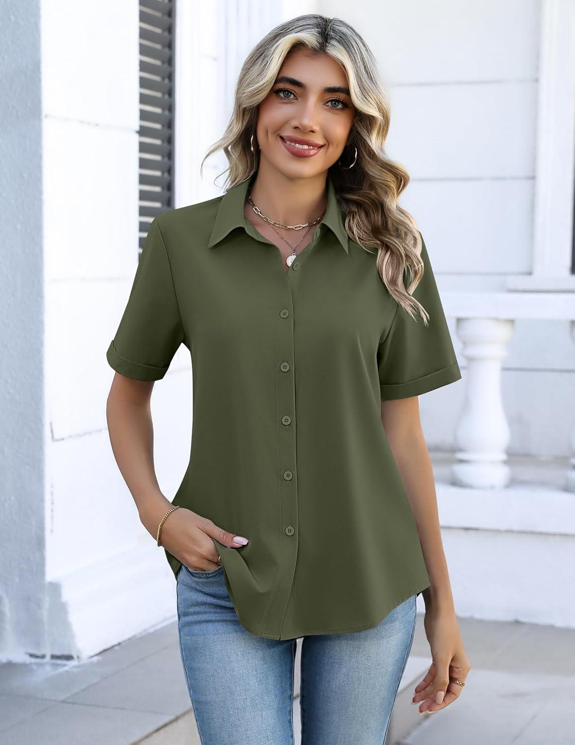 imageZeagoo Button Down Shirts for Women Short Sleeve Collared Tops Dressy Casual V Neck BlousesArmy Green