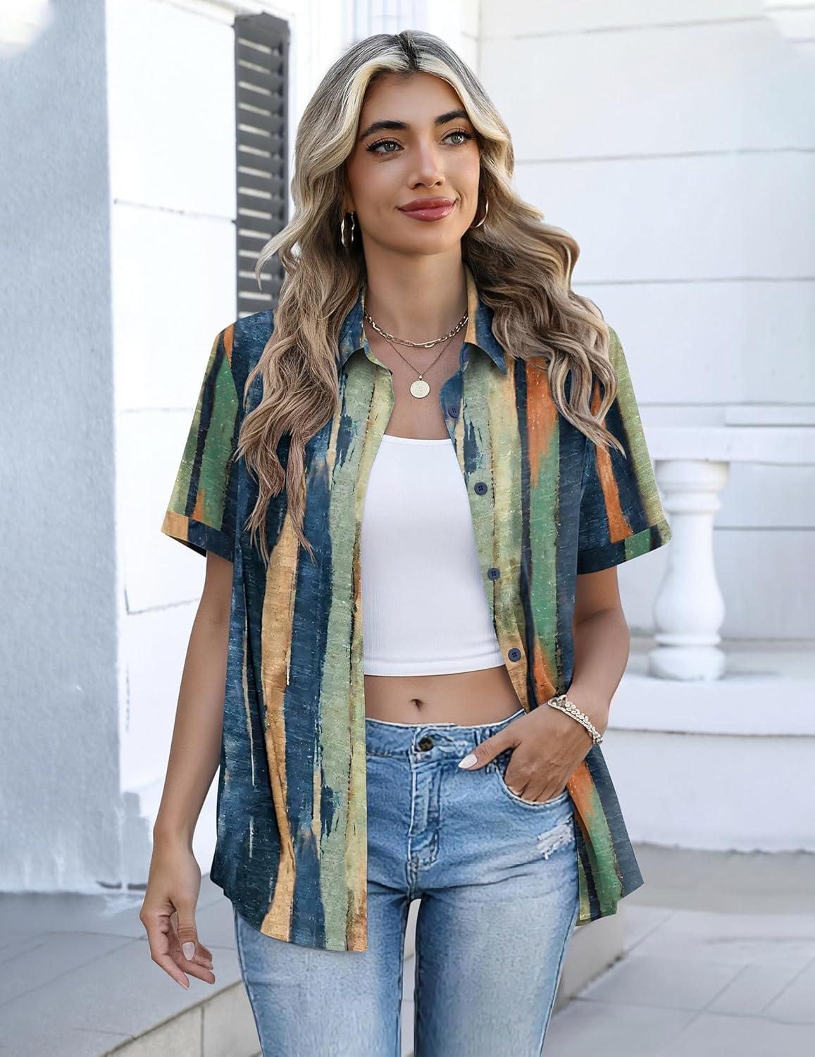 imageZeagoo Button Down Shirts for Women Short Sleeve Collared Tops Dressy Casual V Neck BlousesCx289multicolored