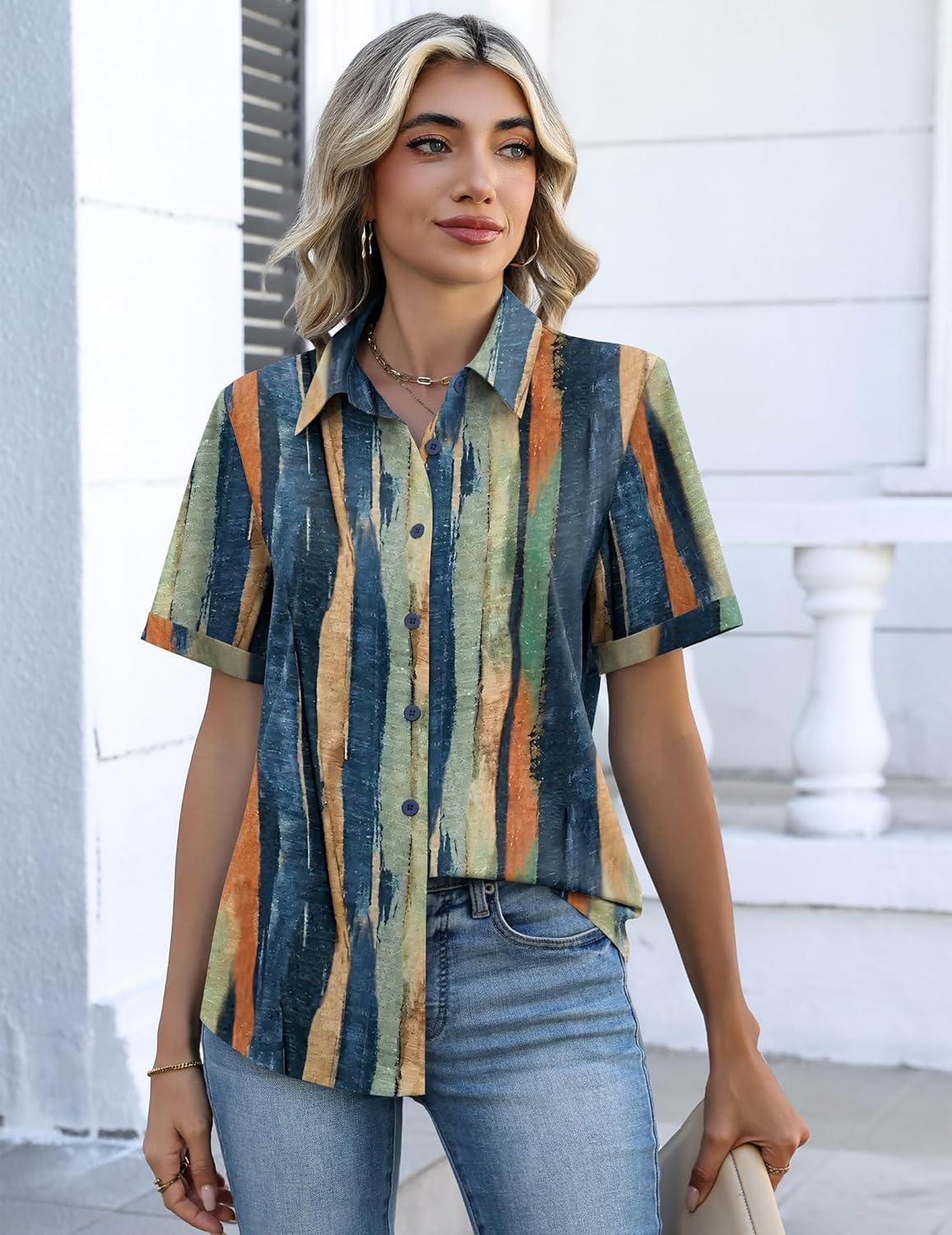imageZeagoo Button Down Shirts for Women Short Sleeve Collared Tops Dressy Casual V Neck BlousesCx289multicolored