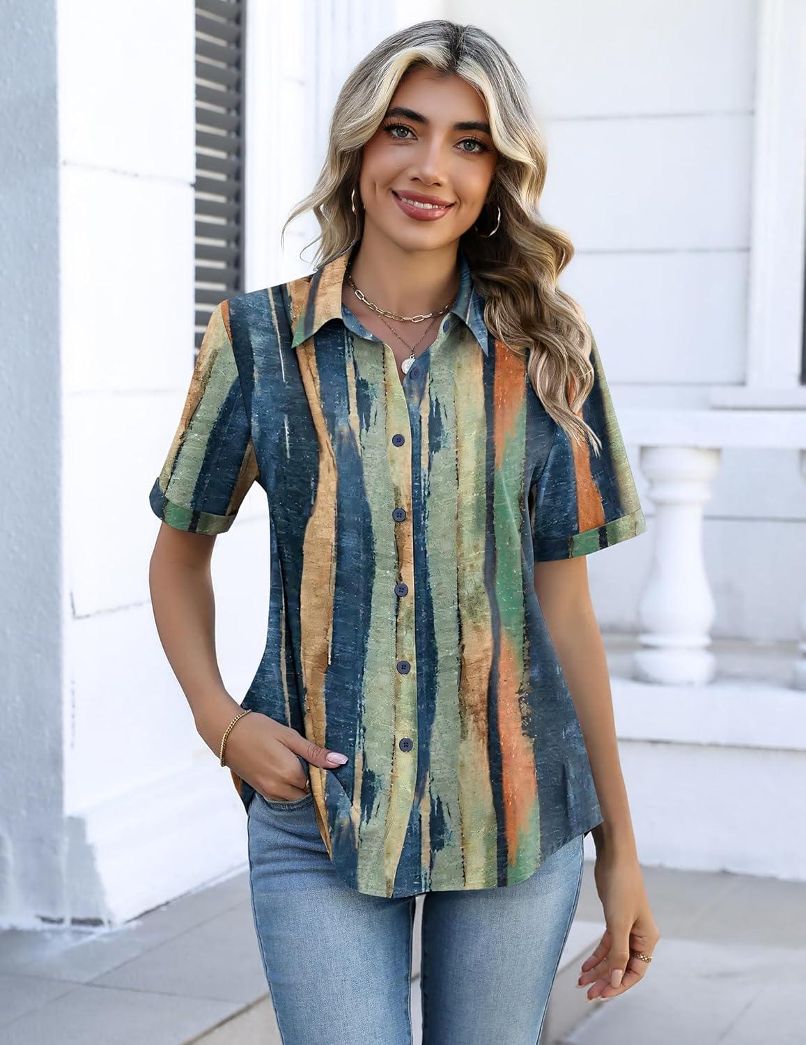 imageZeagoo Button Down Shirts for Women Short Sleeve Collared Tops Dressy Casual V Neck BlousesCx289multicolored