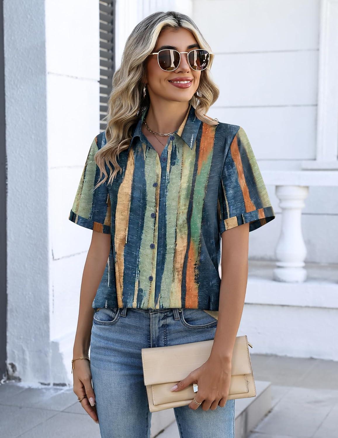 imageZeagoo Button Down Shirts for Women Short Sleeve Collared Tops Dressy Casual V Neck BlousesCx289multicolored