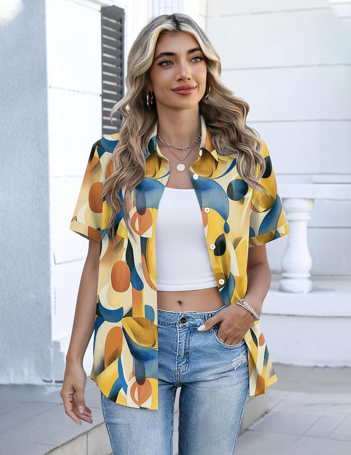 imageZeagoo Button Down Shirts for Women Short Sleeve Collared Tops Dressy Casual V Neck BlousesJh579multicolored