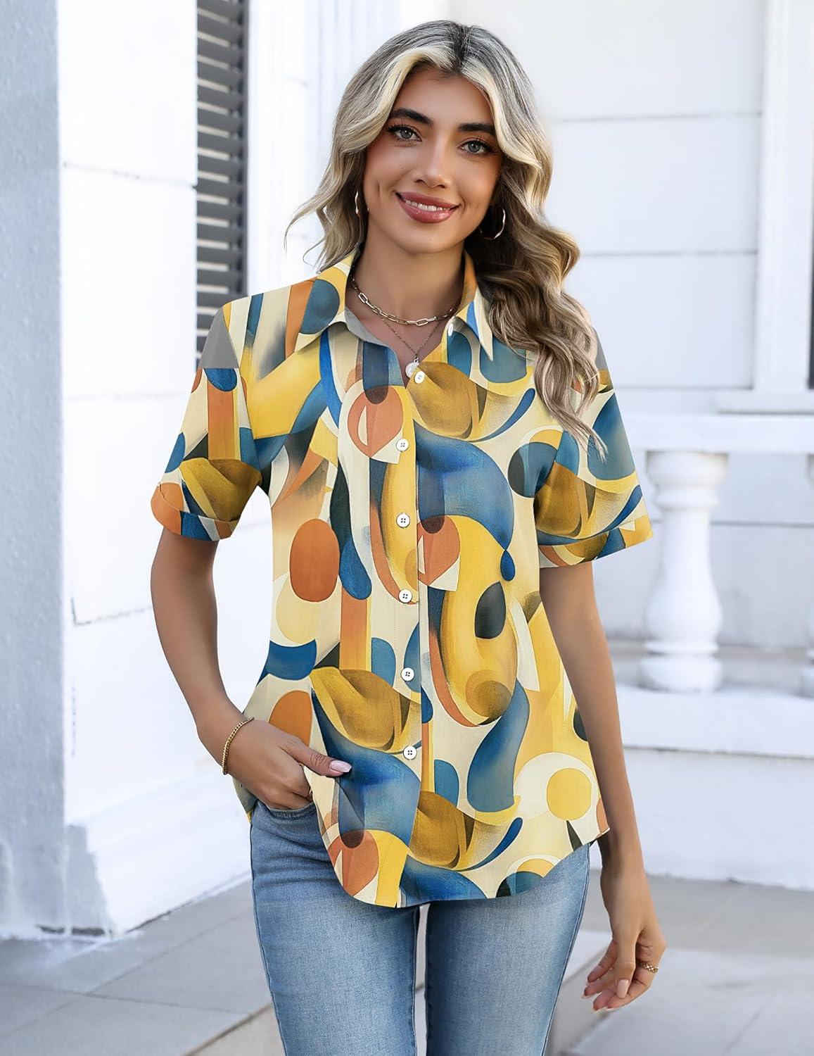 imageZeagoo Button Down Shirts for Women Short Sleeve Collared Tops Dressy Casual V Neck BlousesJh579multicolored