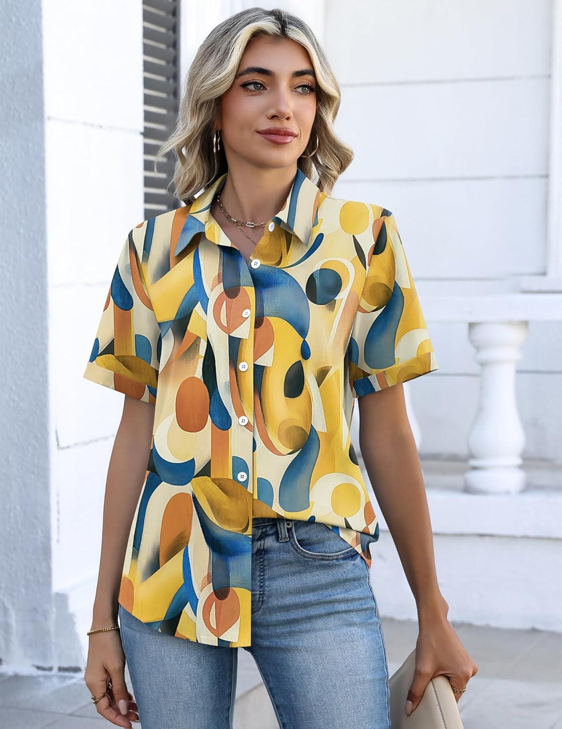 imageZeagoo Button Down Shirts for Women Short Sleeve Collared Tops Dressy Casual V Neck BlousesJh579multicolored