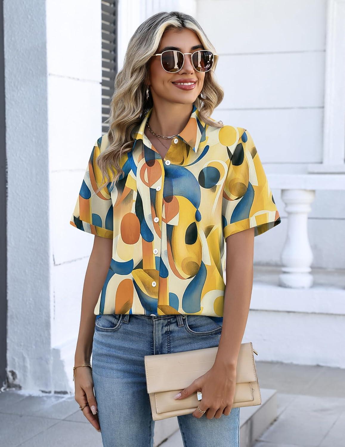 imageZeagoo Button Down Shirts for Women Short Sleeve Collared Tops Dressy Casual V Neck BlousesJh579multicolored