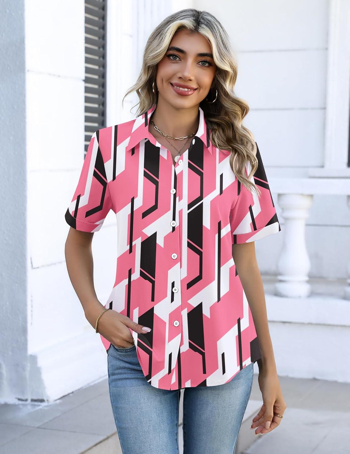 imageZeagoo Button Down Shirts for Women Short Sleeve Collared Tops Dressy Casual V Neck BlousesJh603pink