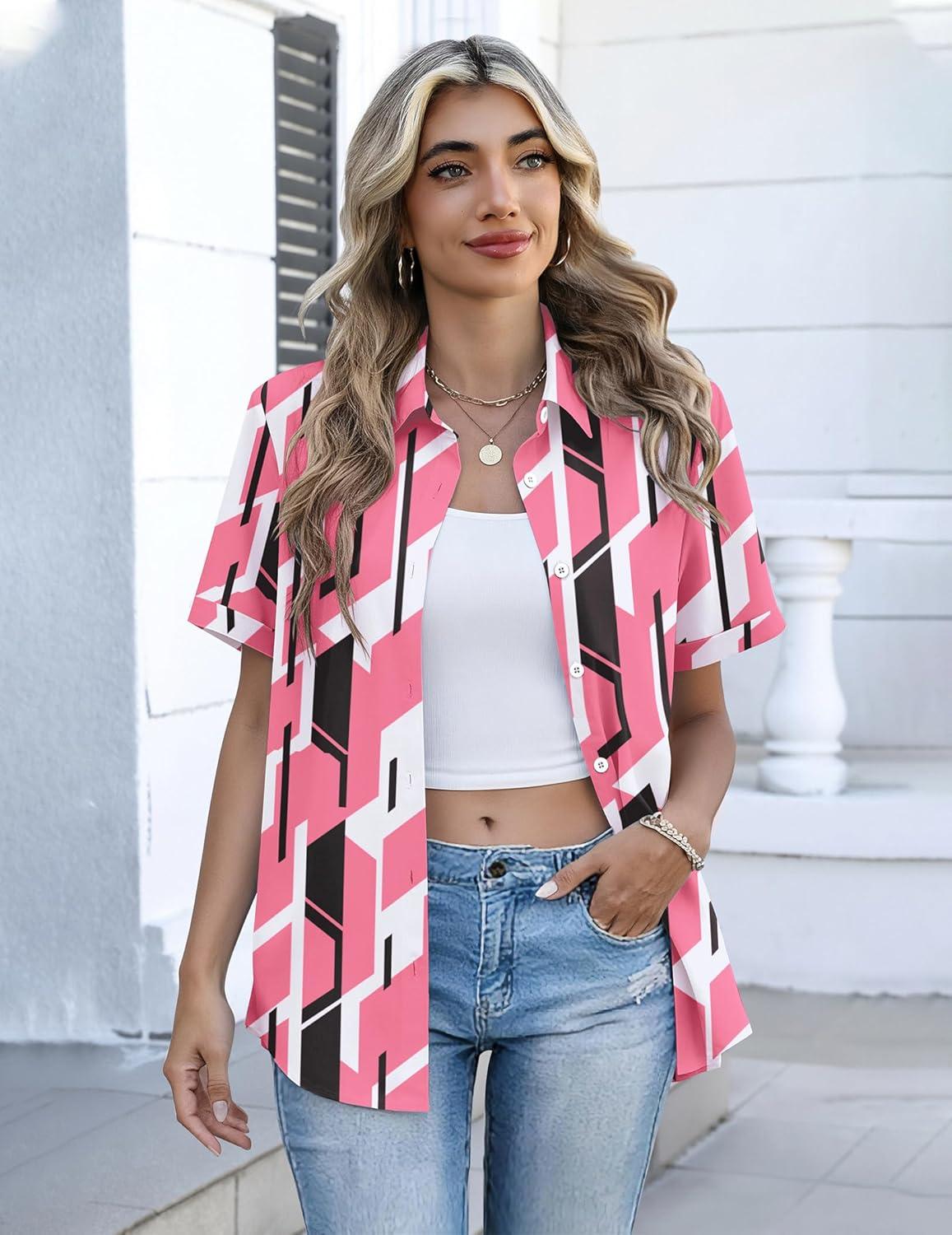 imageZeagoo Button Down Shirts for Women Short Sleeve Collared Tops Dressy Casual V Neck BlousesJh603pink