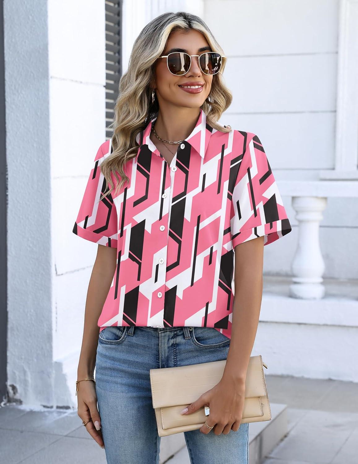 imageZeagoo Button Down Shirts for Women Short Sleeve Collared Tops Dressy Casual V Neck BlousesJh603pink