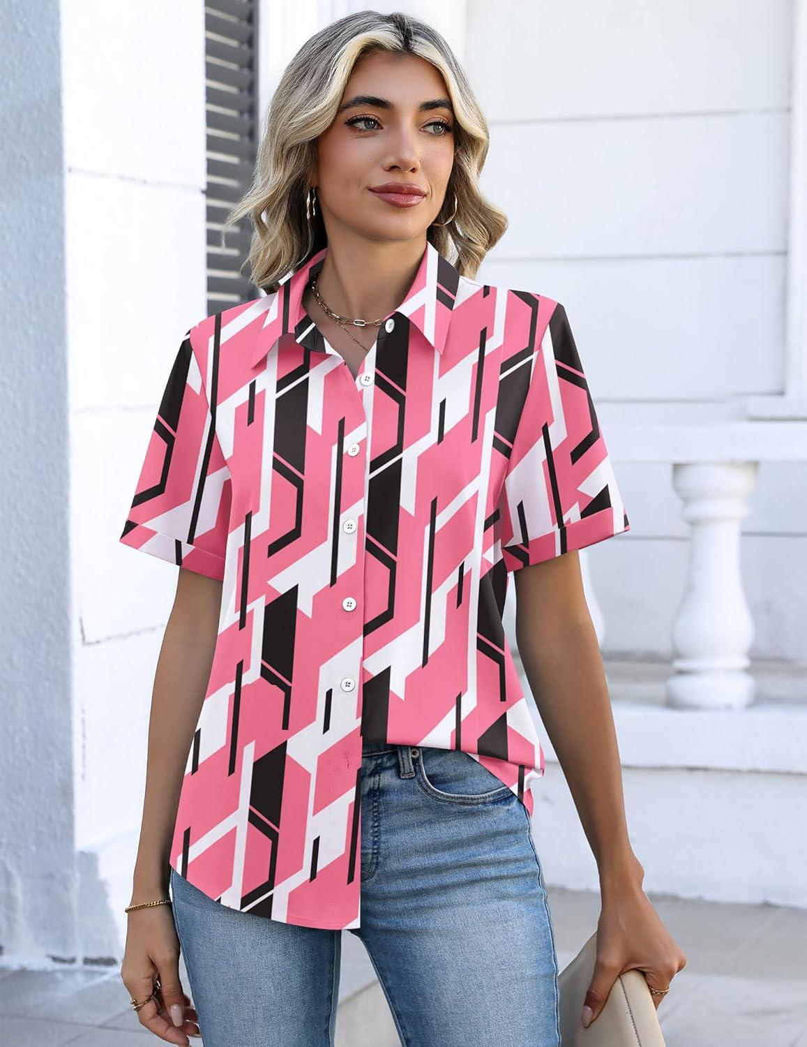 imageZeagoo Button Down Shirts for Women Short Sleeve Collared Tops Dressy Casual V Neck BlousesJh603pink