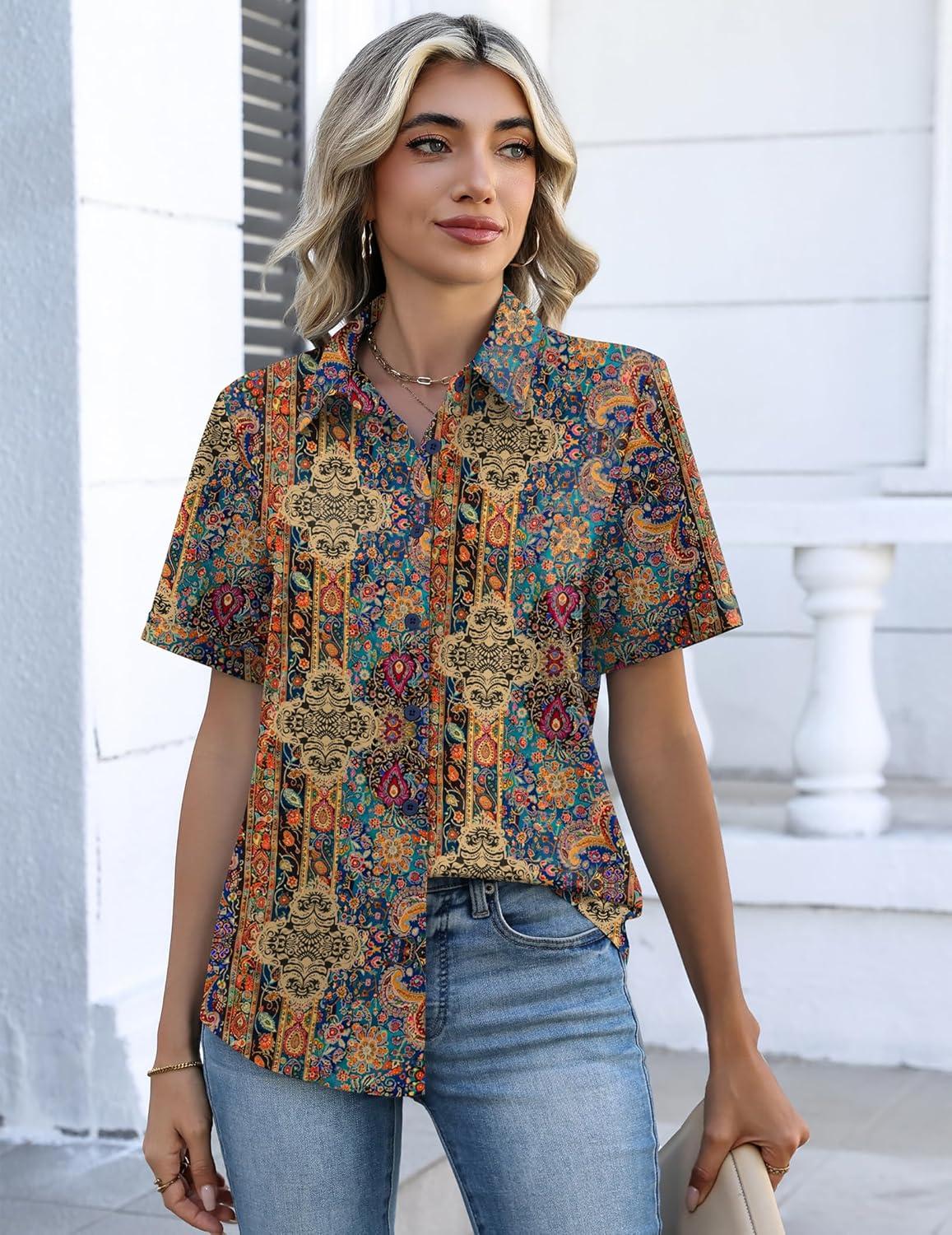 imageZeagoo Button Down Shirts for Women Short Sleeve Collared Tops Dressy Casual V Neck BlousesMz721multicolored