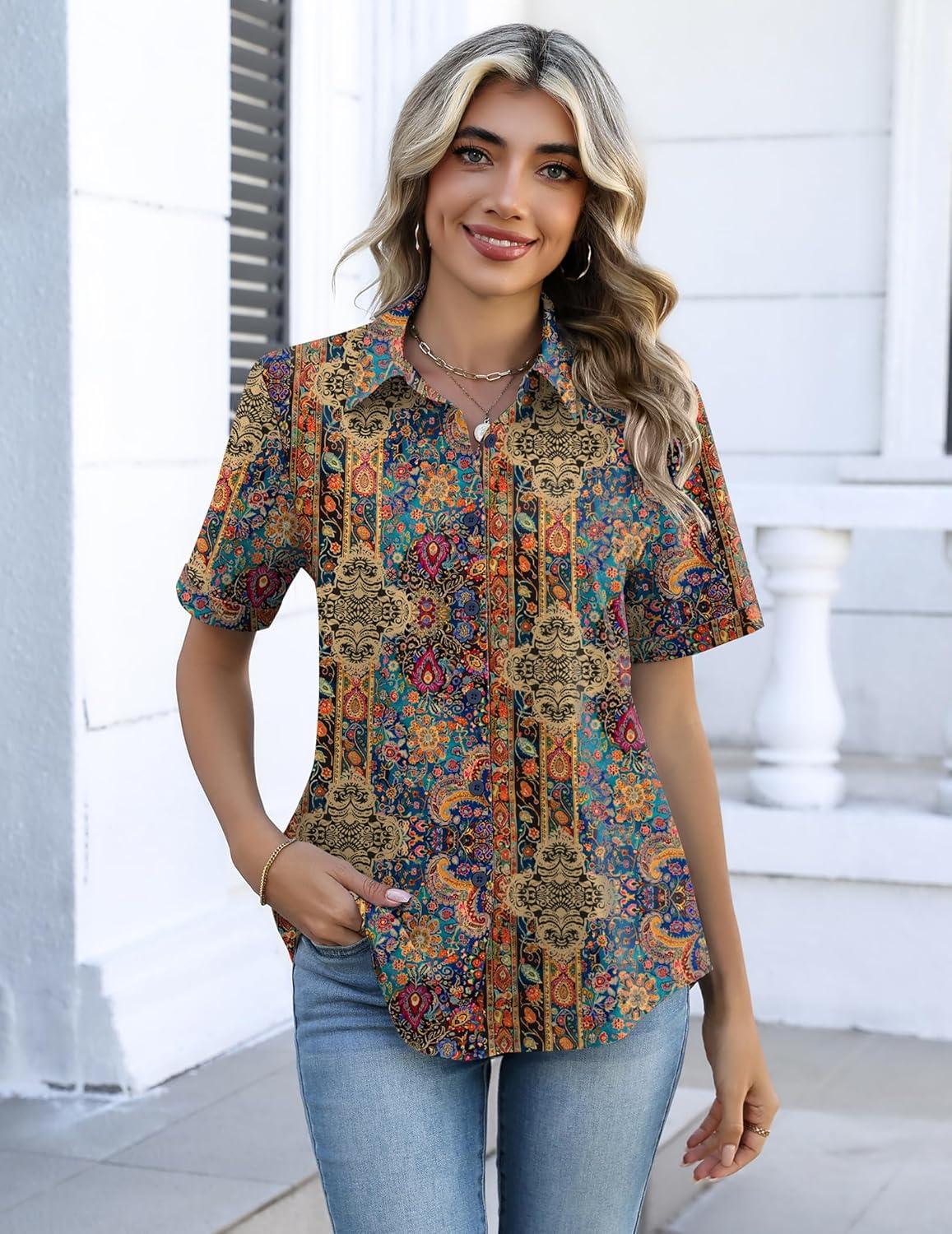 imageZeagoo Button Down Shirts for Women Short Sleeve Collared Tops Dressy Casual V Neck BlousesMz721multicolored