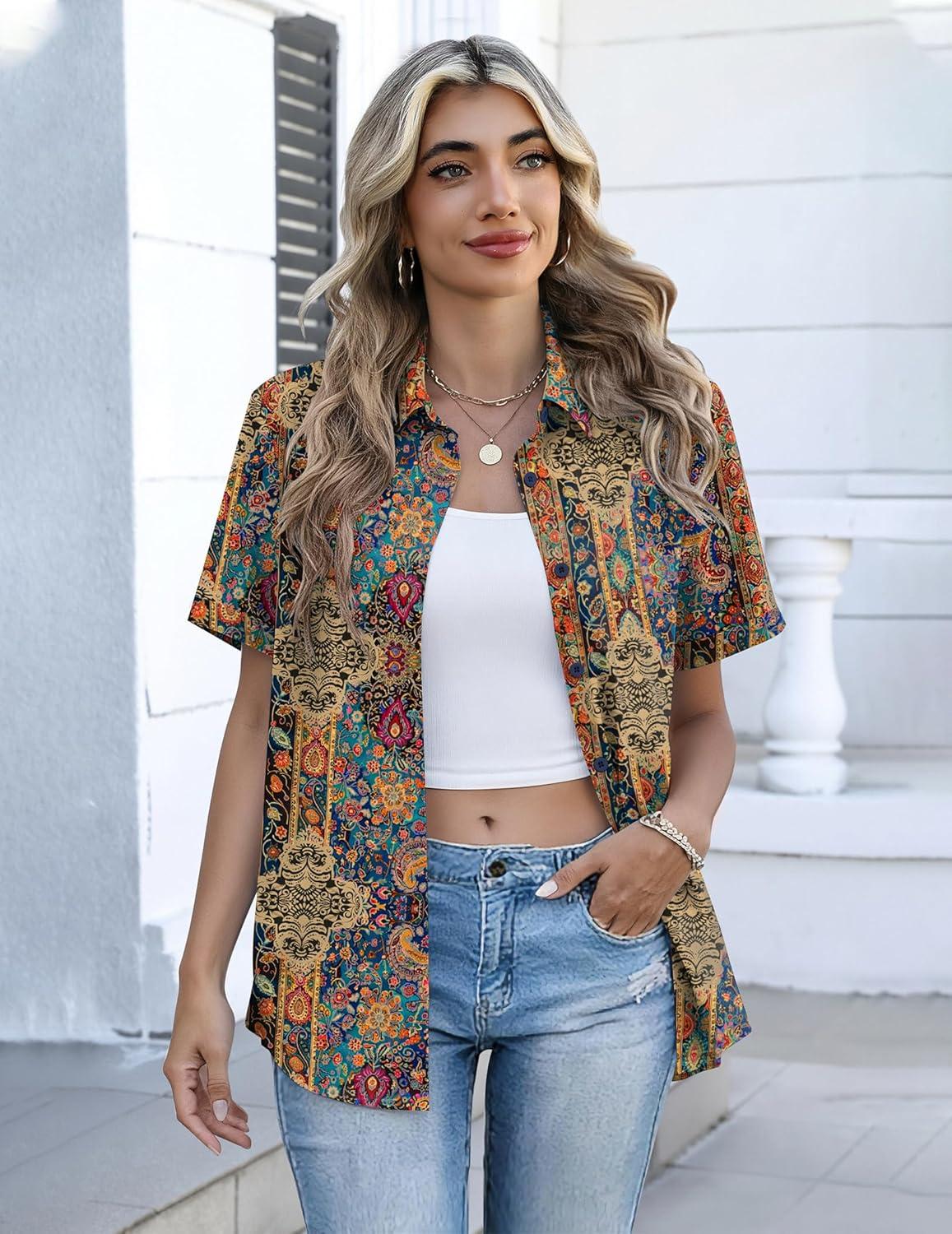 imageZeagoo Button Down Shirts for Women Short Sleeve Collared Tops Dressy Casual V Neck BlousesMz721multicolored