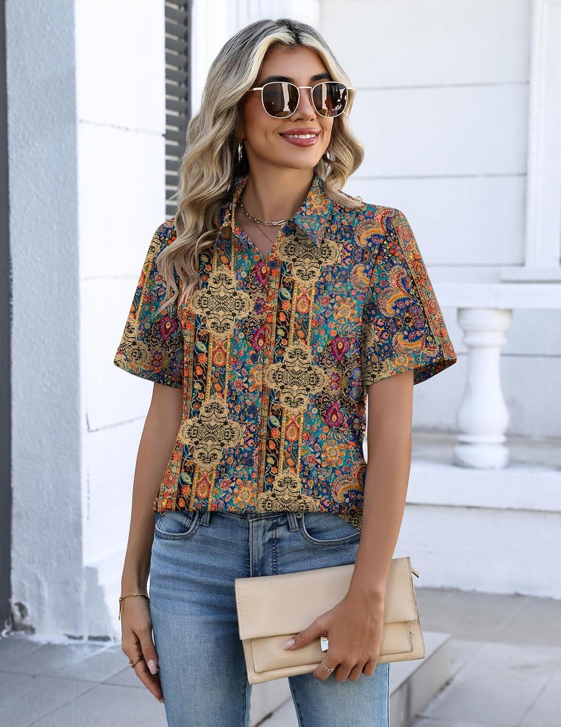 imageZeagoo Button Down Shirts for Women Short Sleeve Collared Tops Dressy Casual V Neck BlousesMz721multicolored