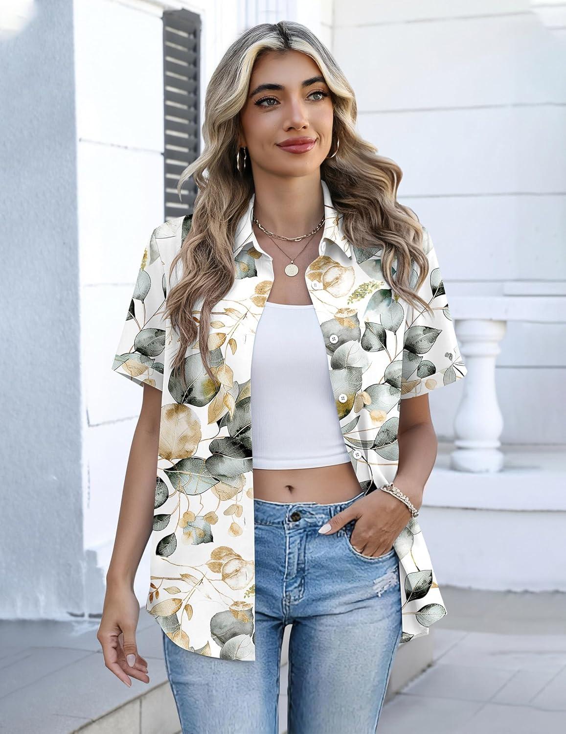 imageZeagoo Button Down Shirts for Women Short Sleeve Collared Tops Dressy Casual V Neck BlousesSp99green Leaves