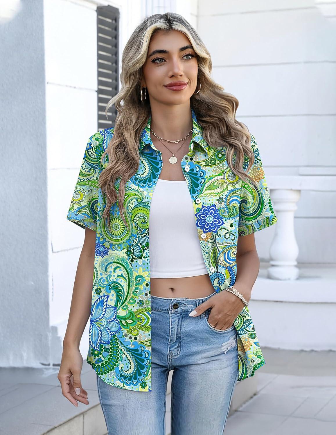 imageZeagoo Button Down Shirts for Women Short Sleeve Collared Tops Dressy Casual V Neck BlousesYg2multicolored