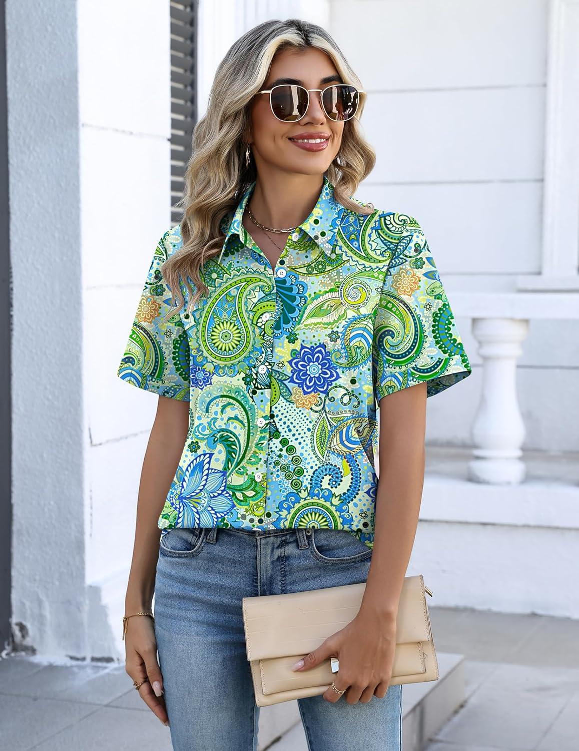 imageZeagoo Button Down Shirts for Women Short Sleeve Collared Tops Dressy Casual V Neck BlousesYg2multicolored