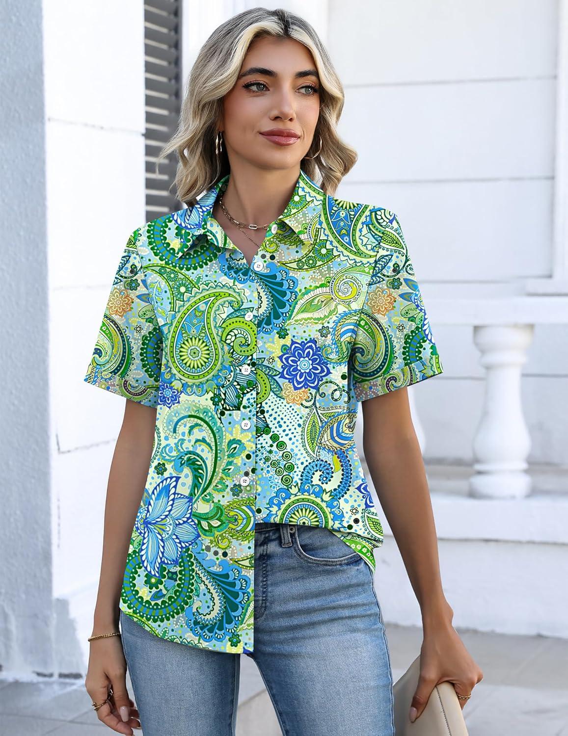 imageZeagoo Button Down Shirts for Women Short Sleeve Collared Tops Dressy Casual V Neck BlousesYg2multicolored