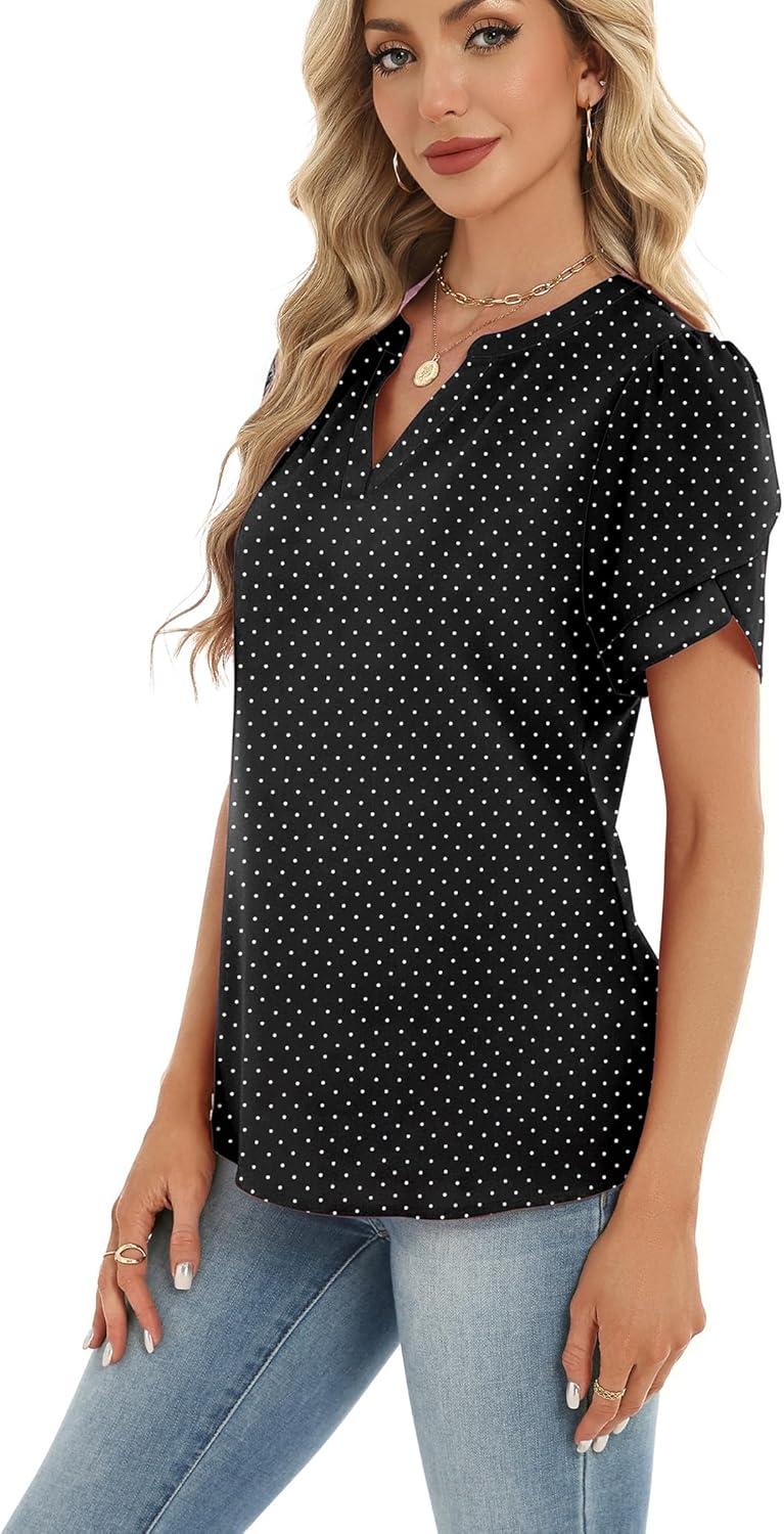 imageZeagoo Womens Dressy Casual Shirts Short Sleeve V Neck Work Blouse Business Casual Summer Chiffon TopsBlack Polka Dots