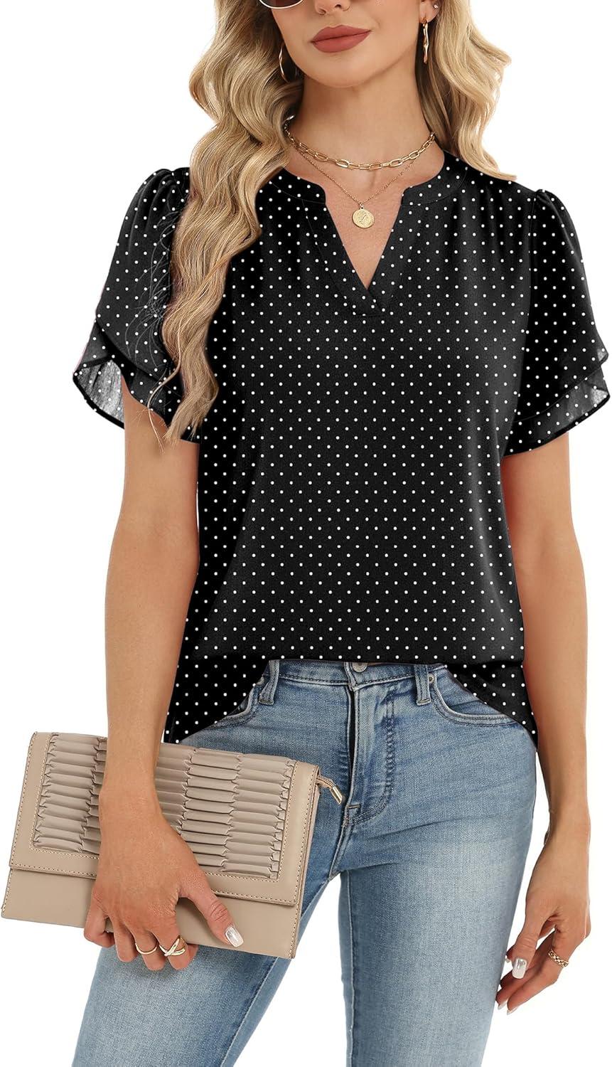 imageZeagoo Womens Dressy Casual Shirts Short Sleeve V Neck Work Blouse Business Casual Summer Chiffon TopsBlack Polka Dots