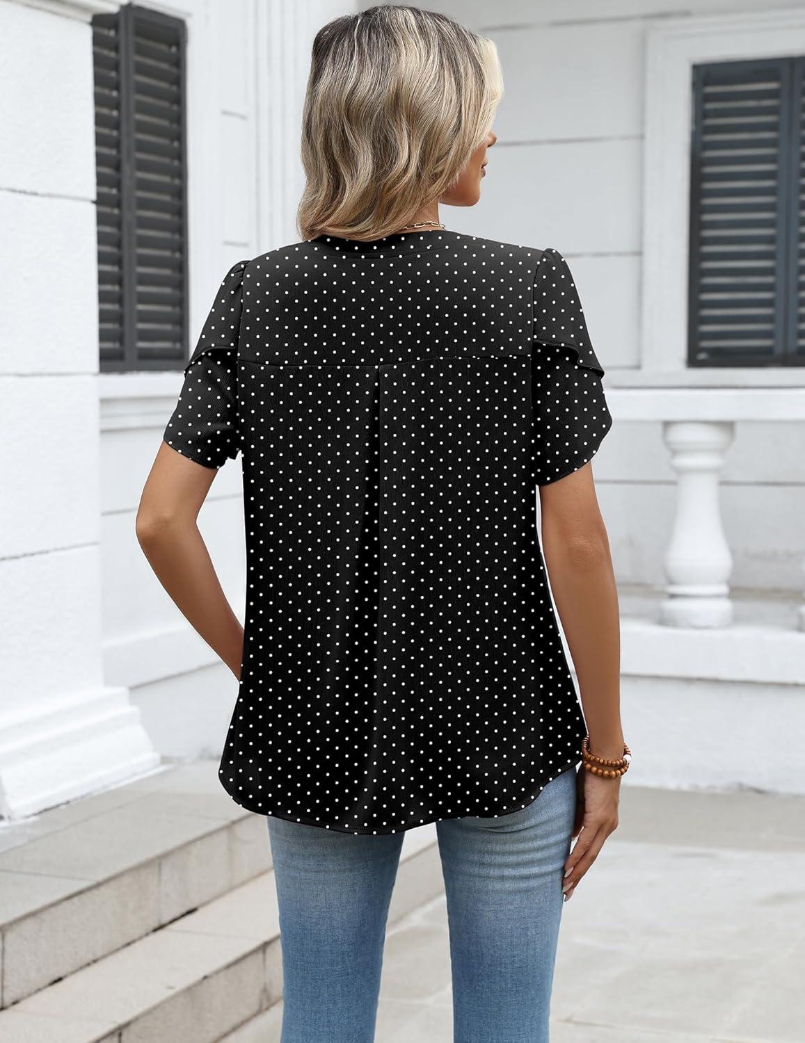 imageZeagoo Womens Dressy Casual Shirts Short Sleeve V Neck Work Blouse Business Casual Summer Chiffon TopsBlack Polka Dots