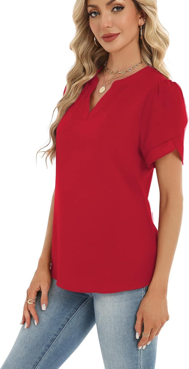 imageZeagoo Womens Dressy Casual Shirts Short Sleeve V Neck Work Blouse Business Casual Summer Chiffon TopsRed