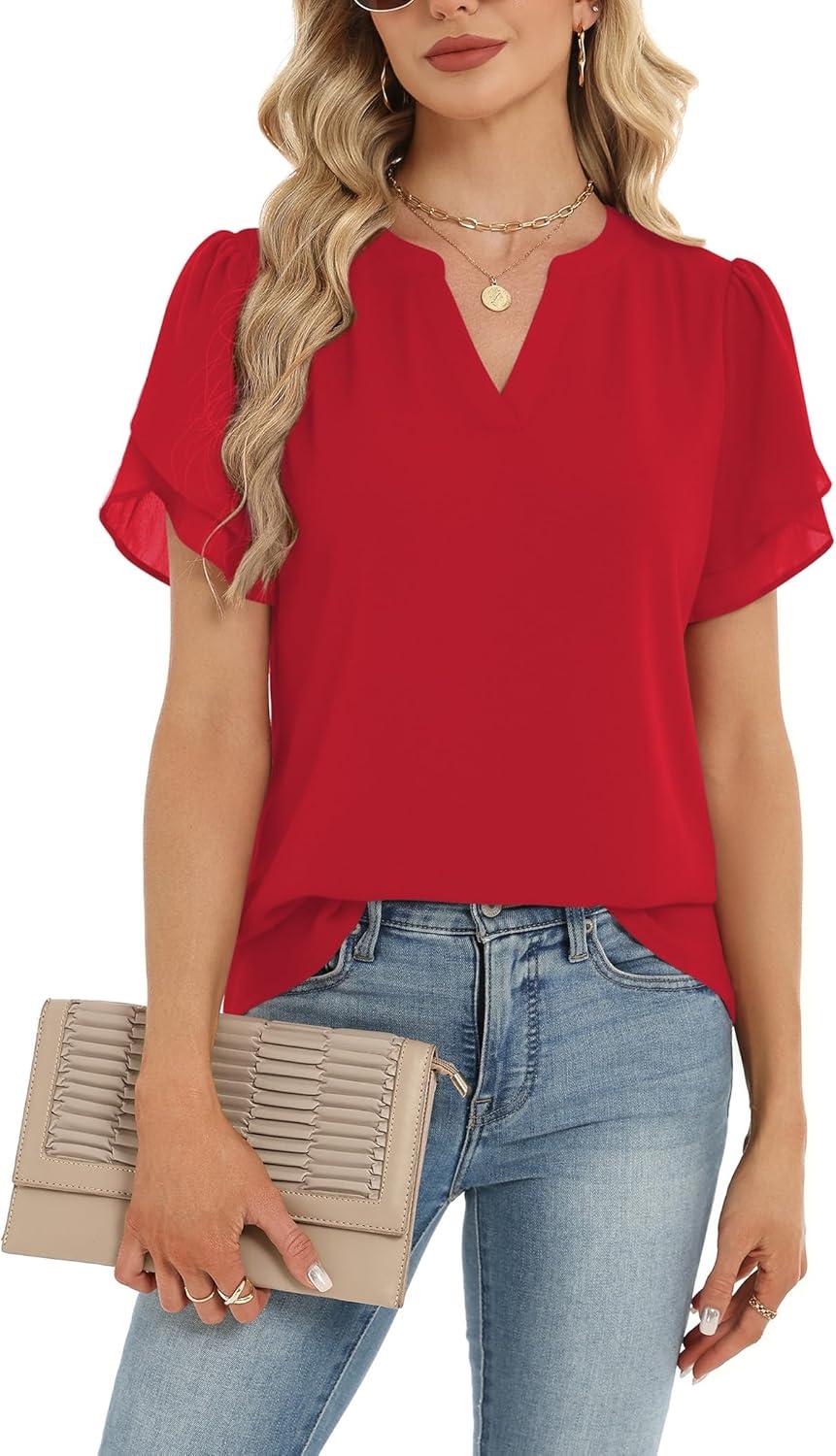 imageZeagoo Womens Dressy Casual Shirts Short Sleeve V Neck Work Blouse Business Casual Summer Chiffon TopsRed
