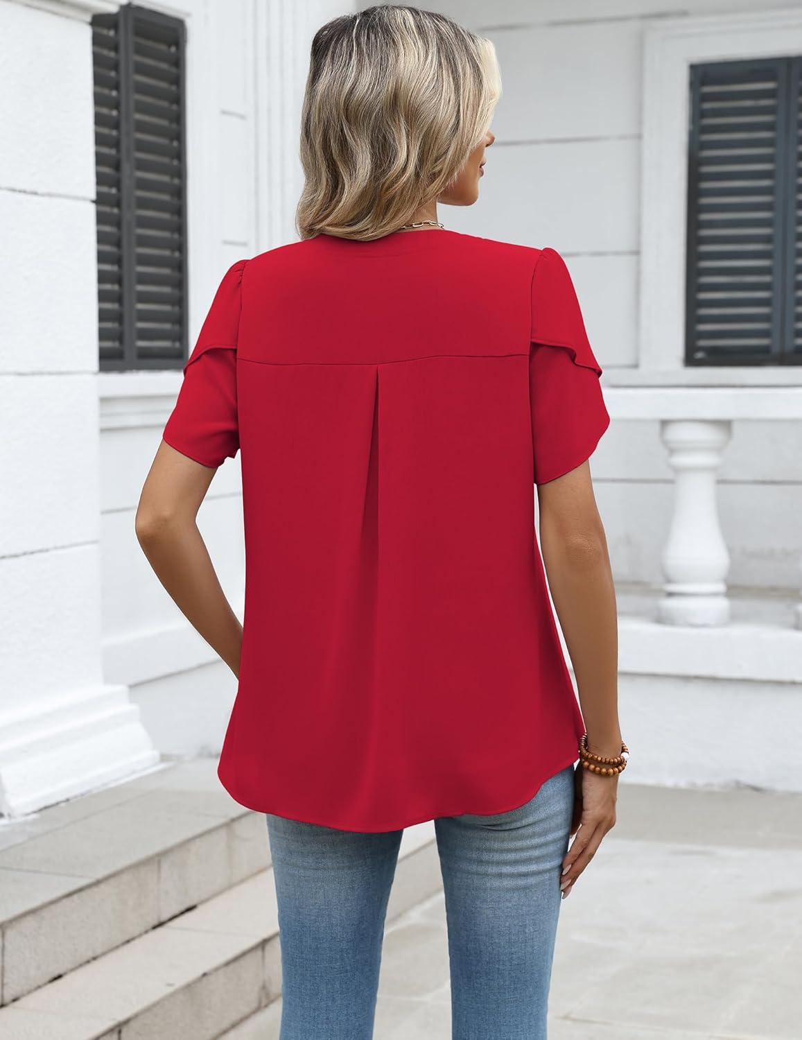 imageZeagoo Womens Dressy Casual Shirts Short Sleeve V Neck Work Blouse Business Casual Summer Chiffon TopsRed