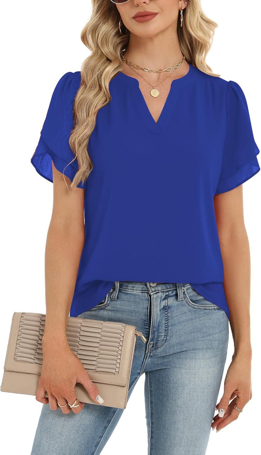 imageZeagoo Womens Dressy Casual Shirts Short Sleeve V Neck Work Blouse Business Casual Summer Chiffon TopsRoyal Blue