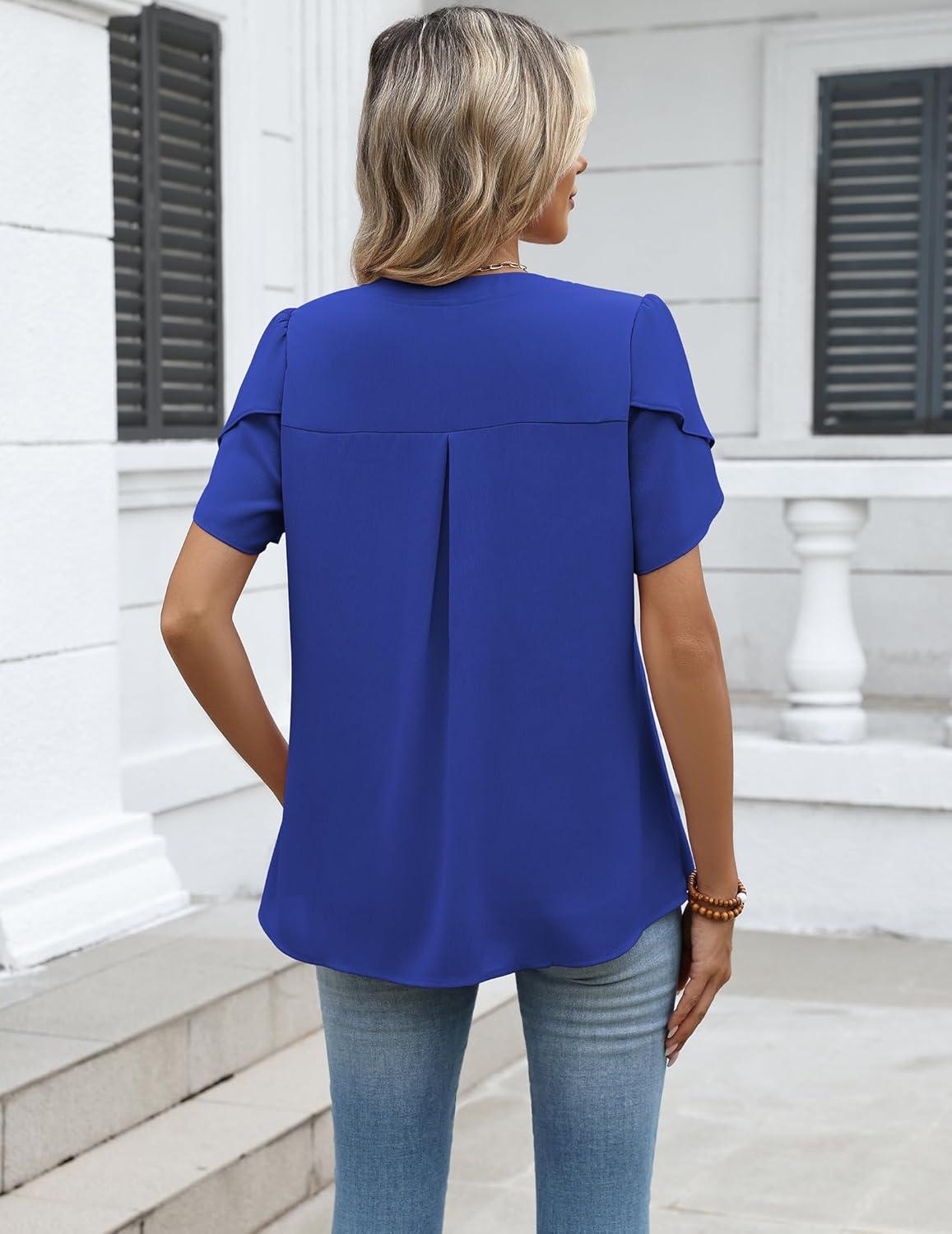 imageZeagoo Womens Dressy Casual Shirts Short Sleeve V Neck Work Blouse Business Casual Summer Chiffon TopsRoyal Blue