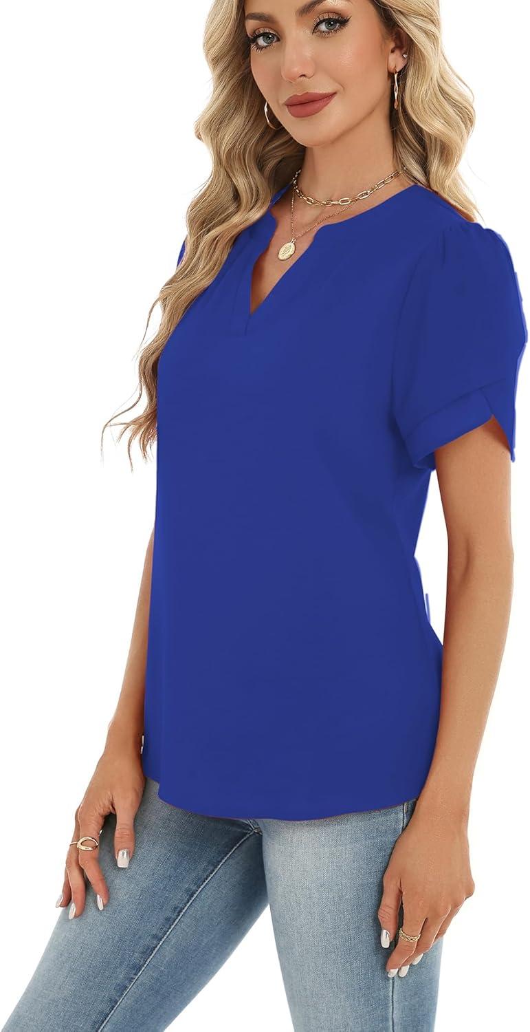 imageZeagoo Womens Dressy Casual Shirts Short Sleeve V Neck Work Blouse Business Casual Summer Chiffon TopsRoyal Blue
